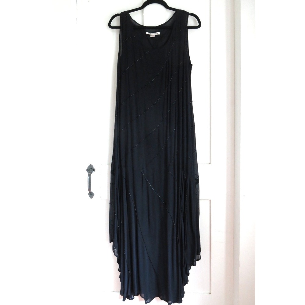 Y2K Vtg Karavan Whimsygoth Ruffle Hem LG Abstract Beaded Maxi Dress Witchy Vamp
